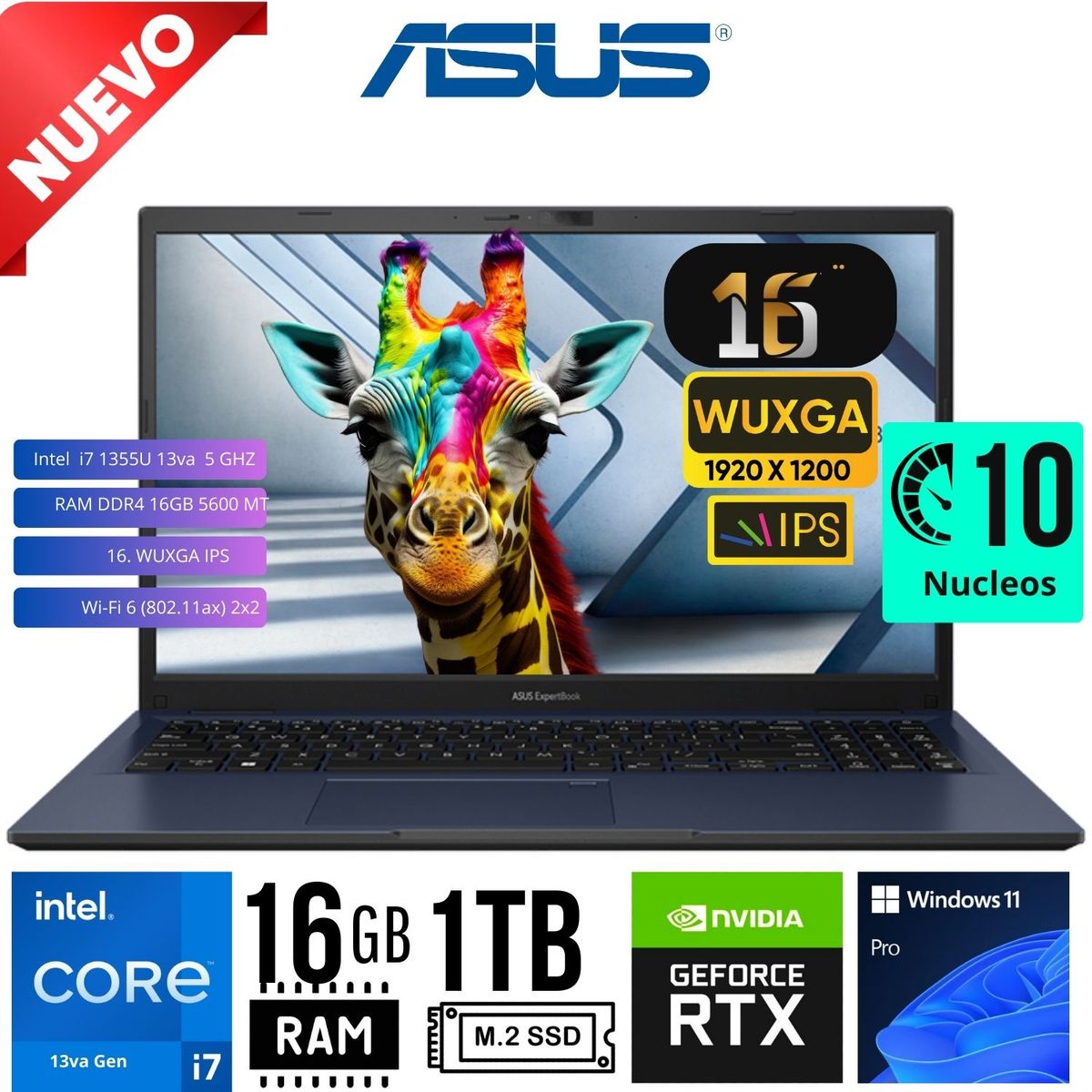 ASUS - LAPTOP ASUS B3604CVF-Q90044X 16´ WUXGA Core i7 1355U RAM 16GB SSD 1TB RTX 2050 4GB W11 PRO