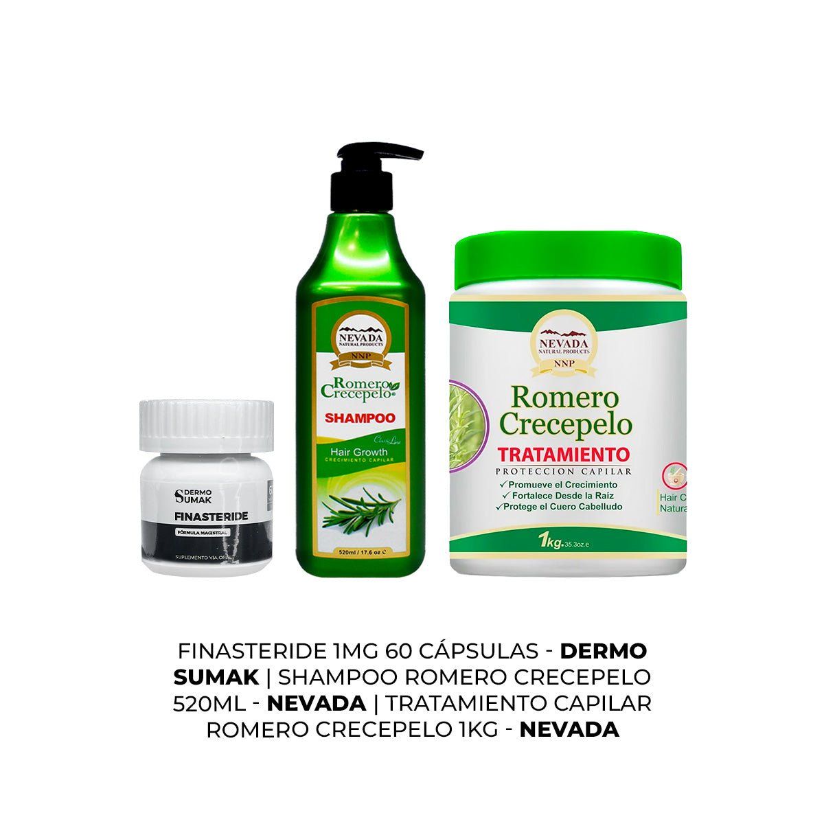 GENERICO - Cápsulas Finasteride 1mg + SHAMPOO ROMERO 520ML + TRATAMIENTO CAPILAR