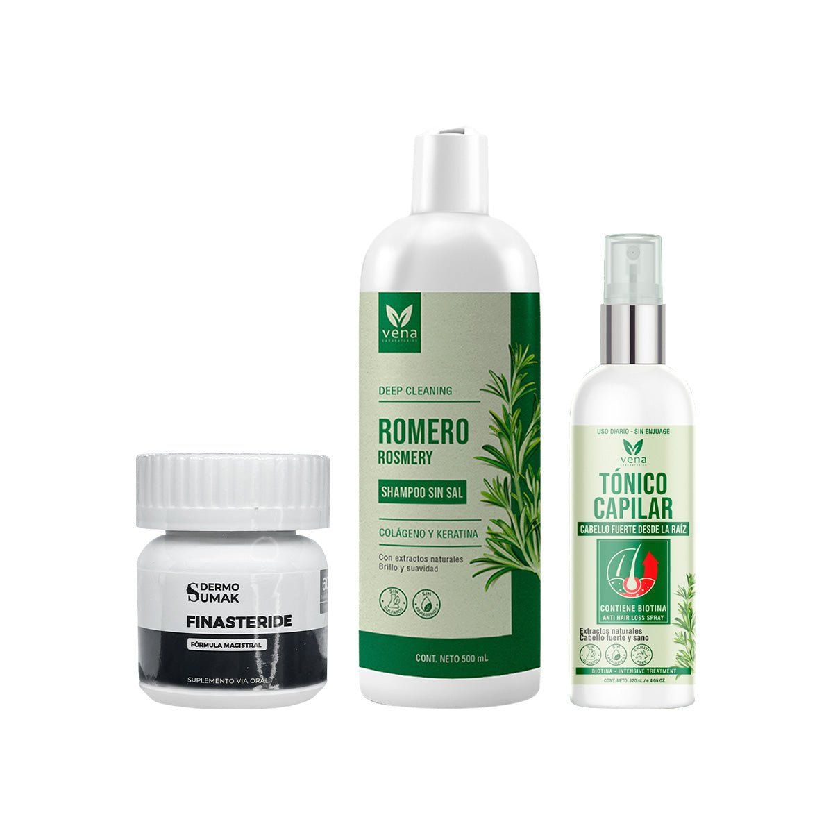 GENERICO - Finasteride 1mg x 60 Cápsulas + SHAMPOO ROMERO + TÓNICO CAPILAR VENA