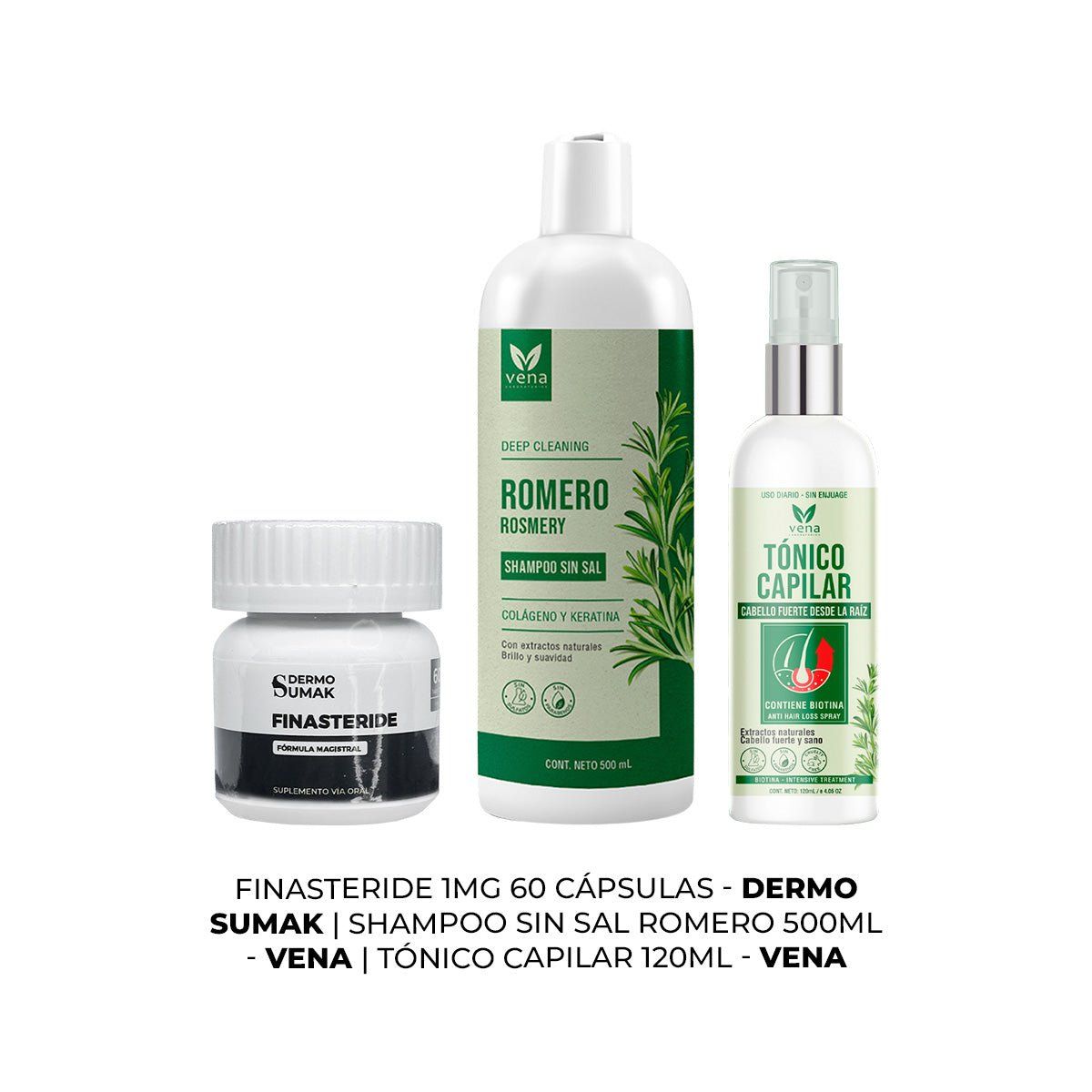 GENERICO - Finasteride 1mg x 60 Cápsulas + SHAMPOO ROMERO + TÓNICO CAPILAR VENA