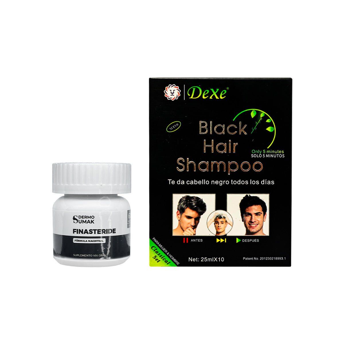 GENERICO - Cápsulas Finasteride 1mg + SHAMPOO CUBRE CANAS NEGRO DEXE