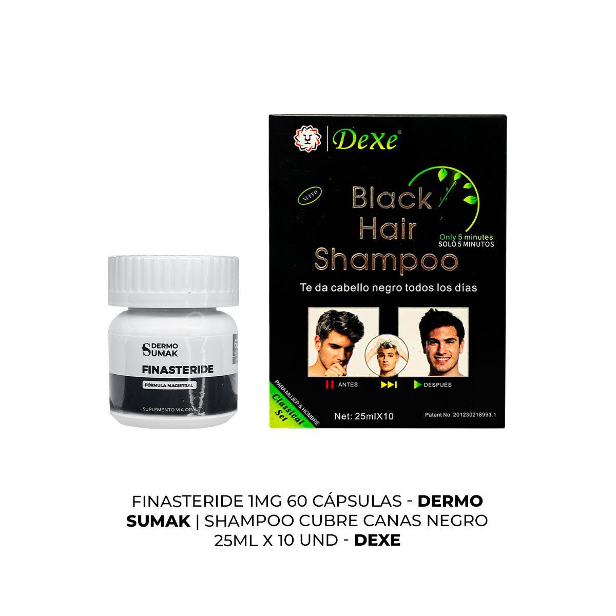GENERICO - Cápsulas Finasteride 1mg + SHAMPOO CUBRE CANAS NEGRO DEXE