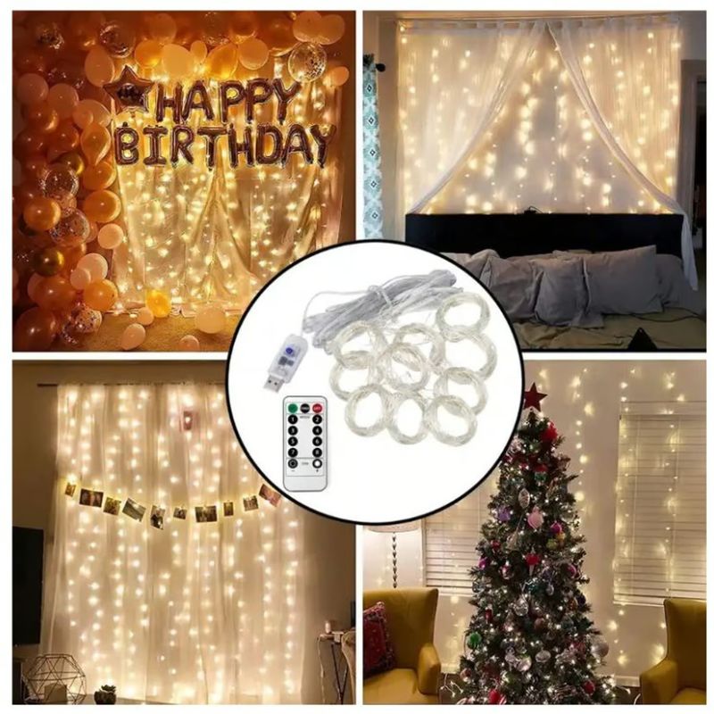 GENERICO - Cortina con Luces LED 3x3m a Control Remoto