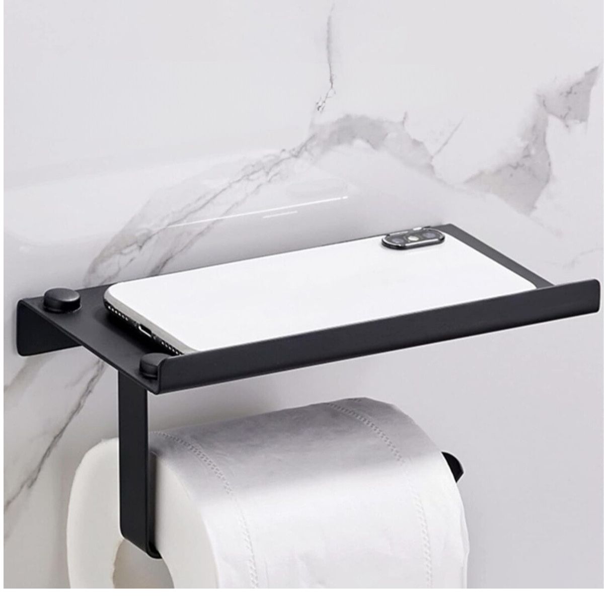 GENERICO - Porta Rollo de Papel Higiénico y Repisa de Acero color Negro Mate