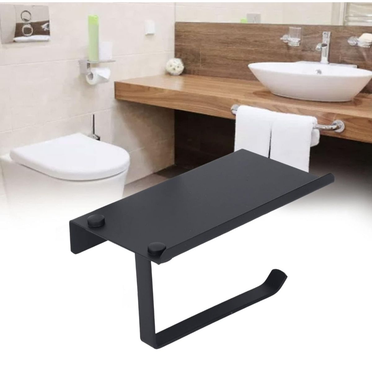 GENERICO - Porta Rollo de Papel Higiénico y Repisa de Acero color Negro Mate