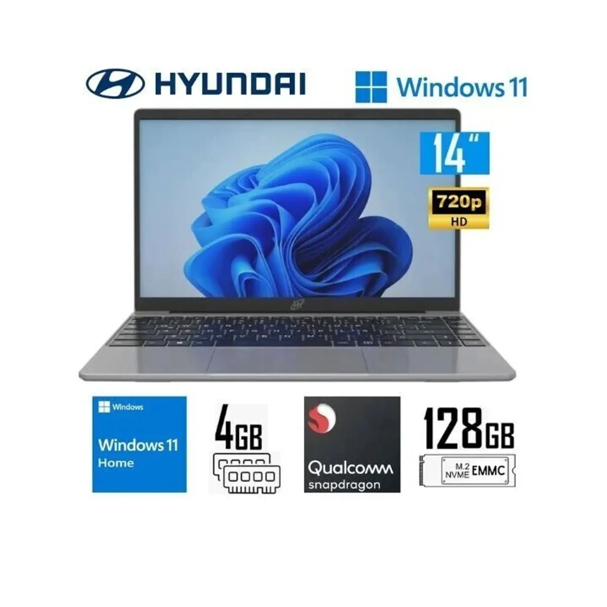 HYUNDAI - Laptop Hyundai 14.1" RAM 4GB Almacenamiento 128GB Con Windows 11 Home Hybook