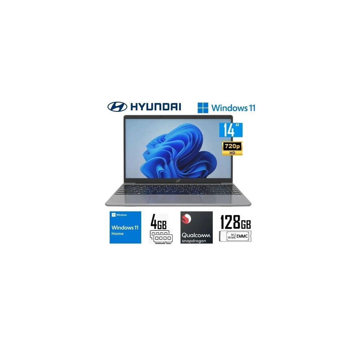 HYUNDAI - Laptop Hyundai 14.1" RAM 4GB Almacenamiento 128GB Con Windows 11 Home Hybook