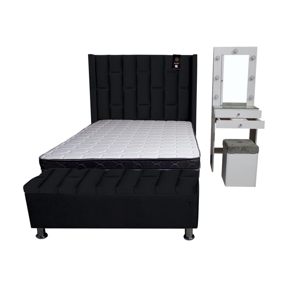 BARAKA HOME - Dormitorio Boreti 2 Plz + Cabecera + Tocador + Puff + Baúl - Negro