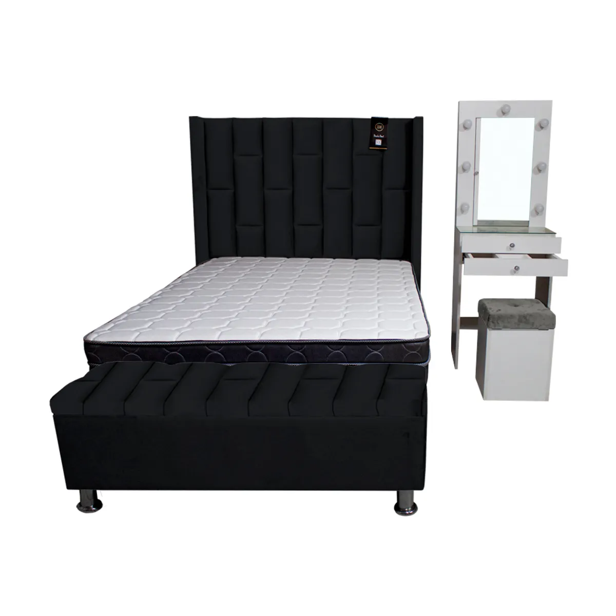 BARAKA HOME - Dormitorio Boreti 2 Plz + Cabecera + Tocador + Puff + Baúl - Negro