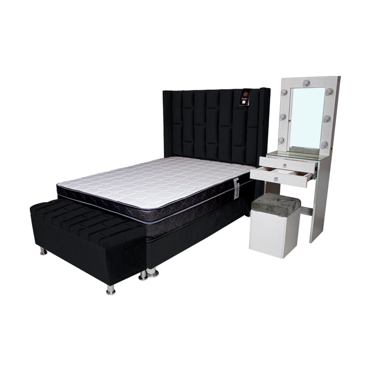 BARAKA HOME - Dormitorio Boreti 2 Plz + Cabecera + Tocador + Puff + Baúl - Negro