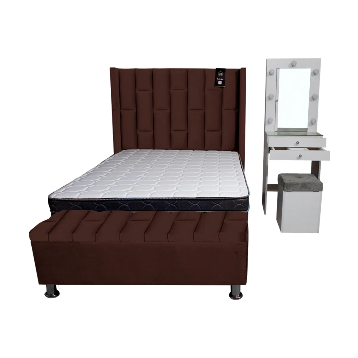 BARAKA HOME - Dormitorio Boreti 2 Plz + Cabecera + Tocador + Puff + Baúl - Chocolate