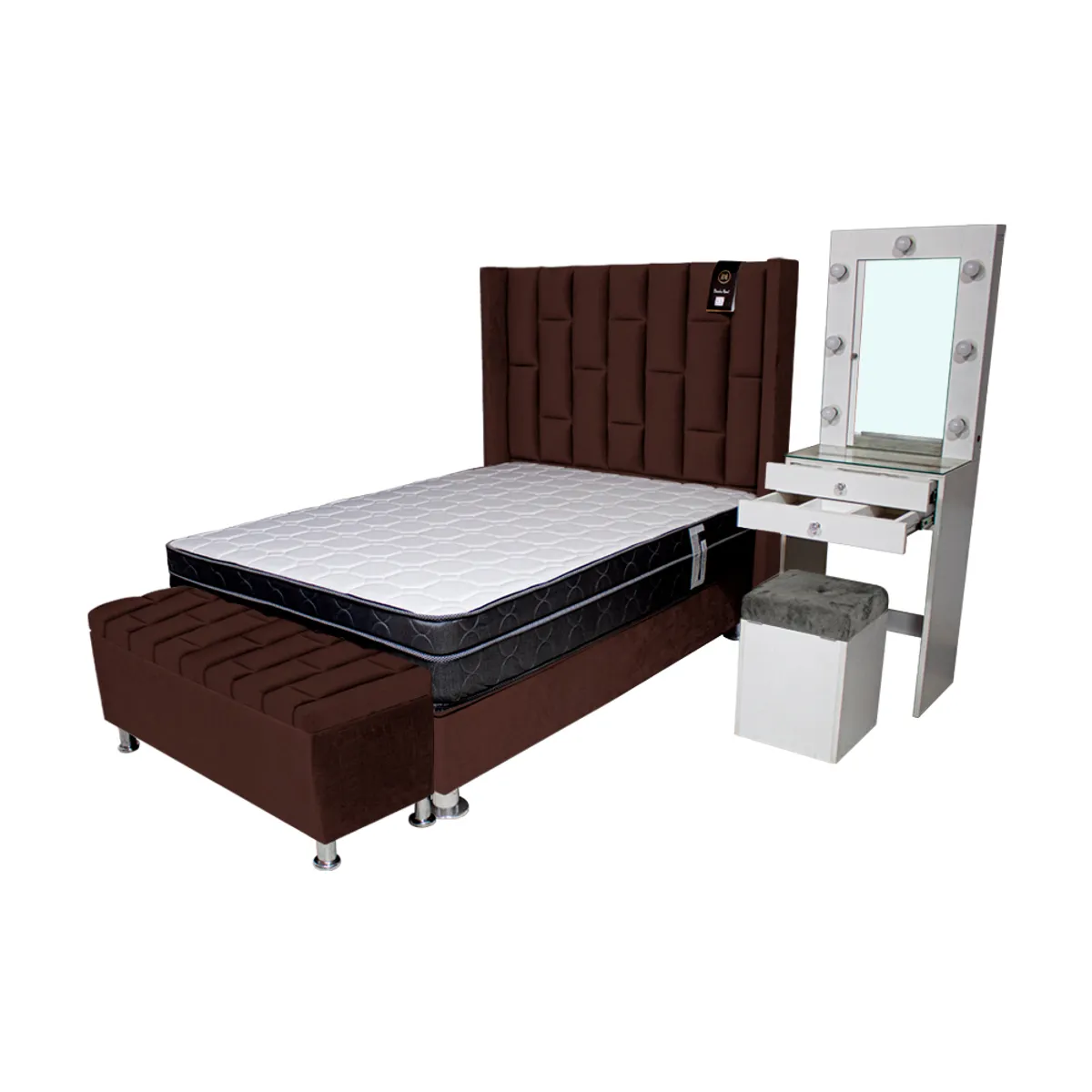 BARAKA HOME - Dormitorio Boreti 2 Plz + Cabecera + Tocador + Puff + Baúl - Chocolate
