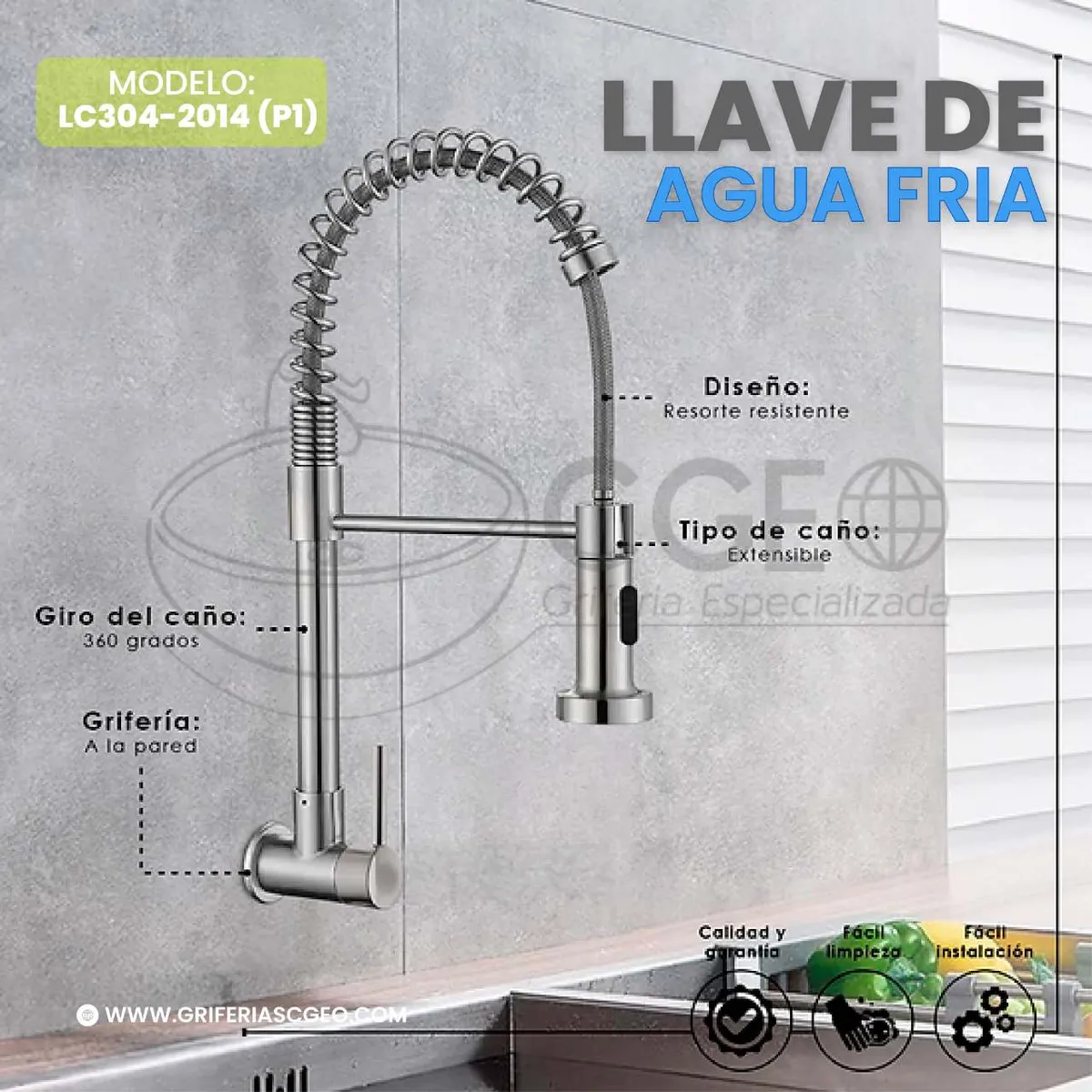 XM - GRIFERÍA DE COCINA RESORTE PARED MATE LC304-2014 P1