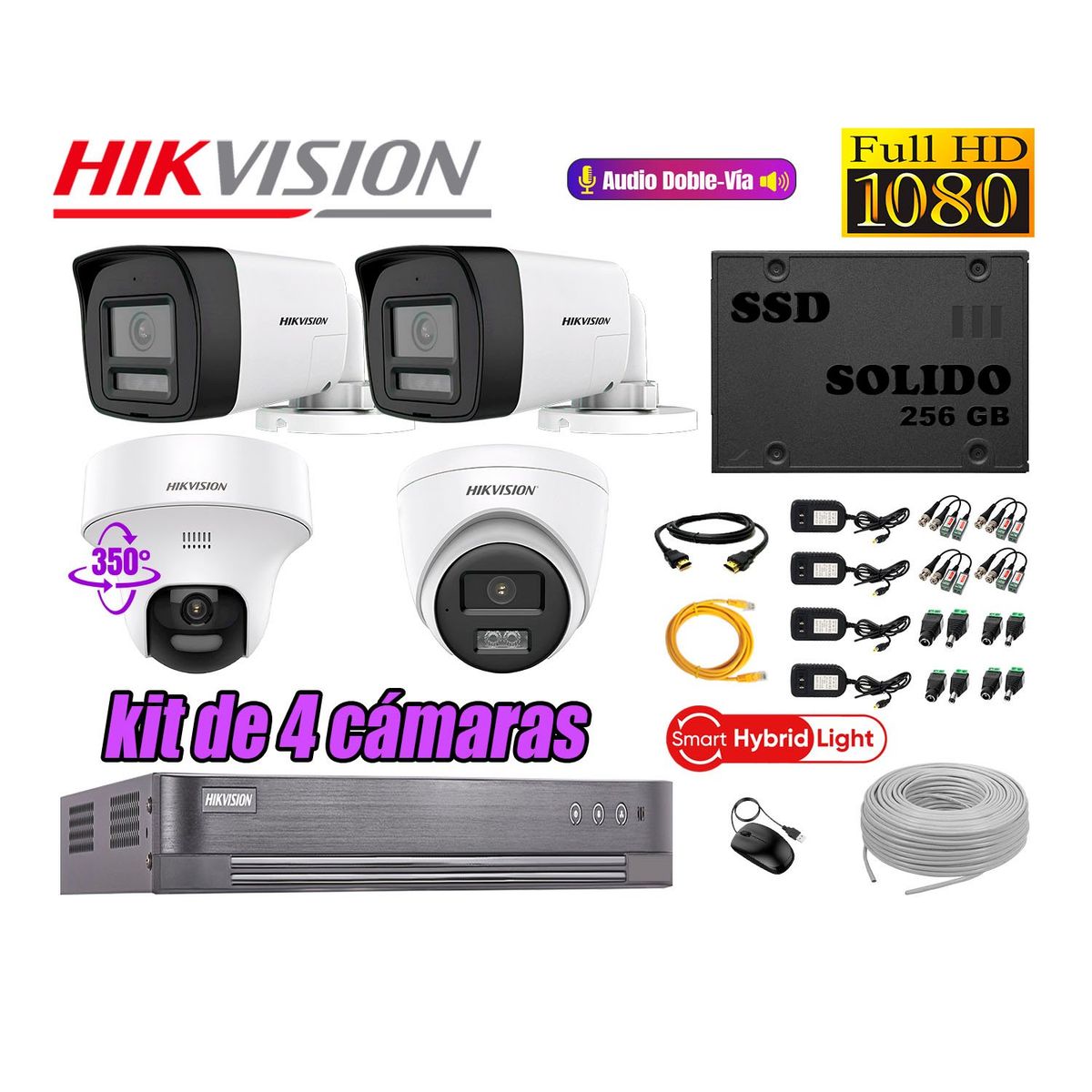 HIKVISION - Kit 4 Cámaras de Seguridad 2MP 1 Domo PTZ Full HD Audio Bidireccional 256GB