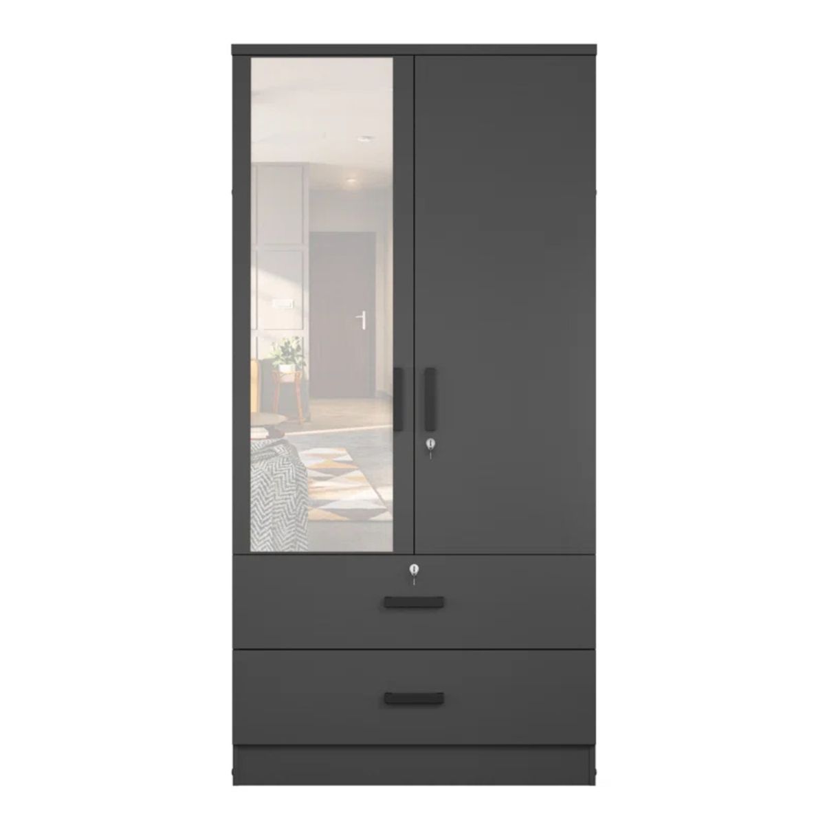 GENERICO - Ropero Moderno con Espejo Meg 2 Puertas 2 Cajones Negro R&R MUEBLES