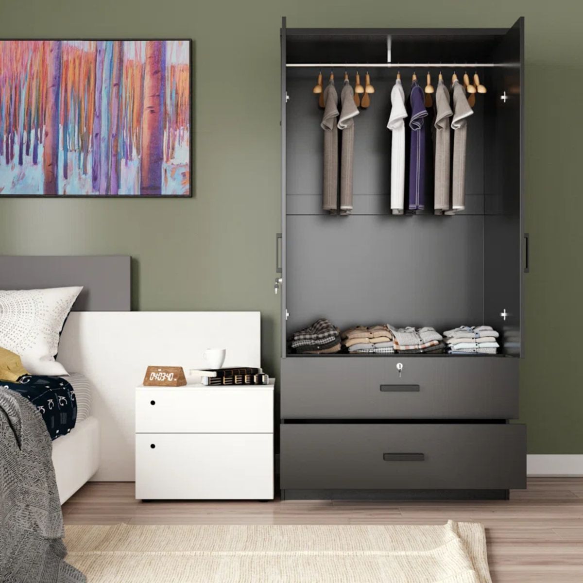 GENERICO - Ropero Moderno con Espejo Meg 2 Puertas 2 Cajones Negro R&R MUEBLES