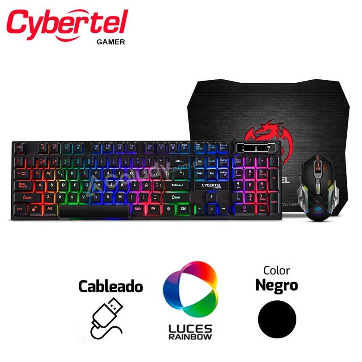 CYBERTEL - Combo Gamer 3 en 1 Cybertel Xtreme CBXGT1800 Teclado Mouse + Pad Mouse