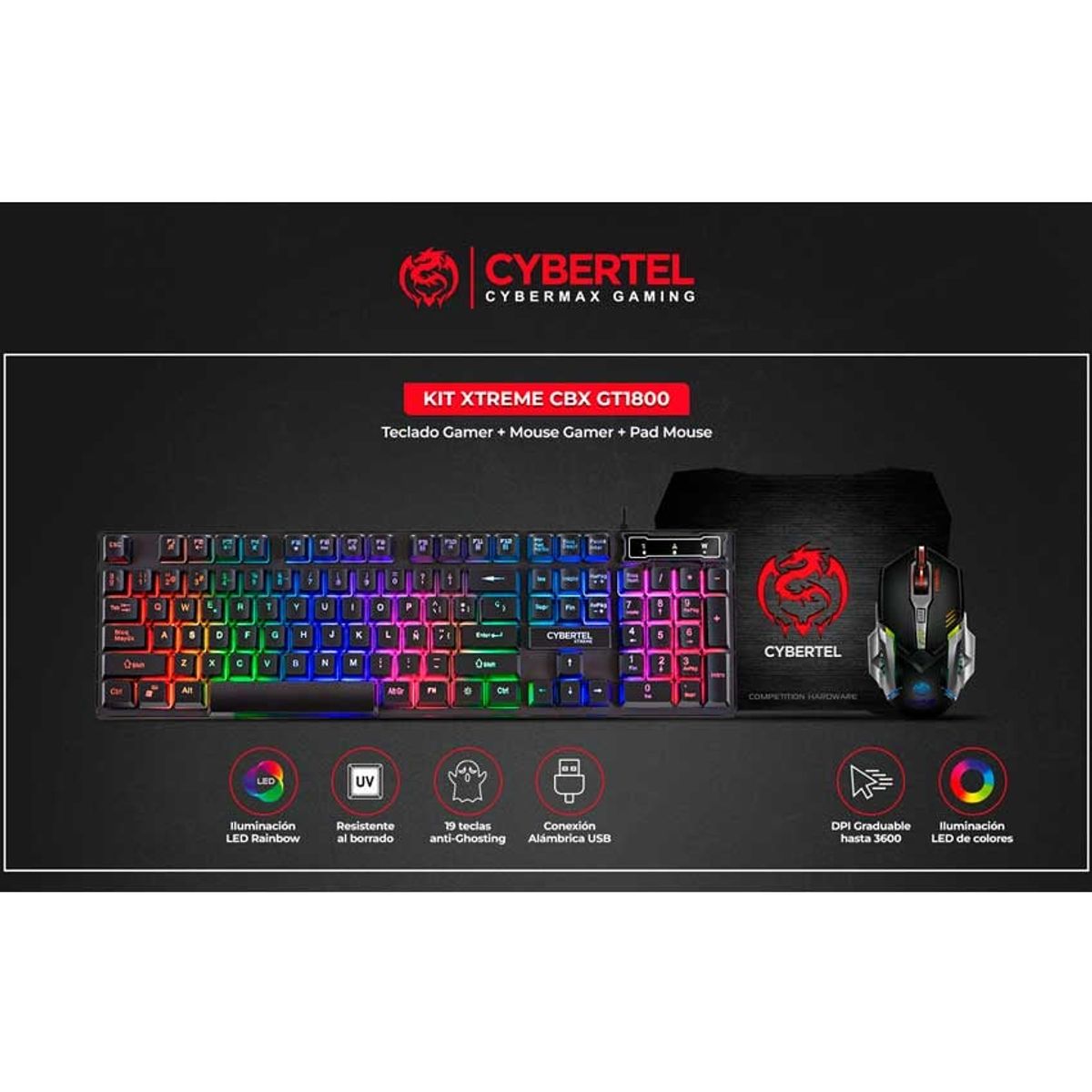 CYBERTEL - Combo Gamer 3 en 1 Cybertel Xtreme CBXGT1800 Teclado Mouse + Pad Mouse