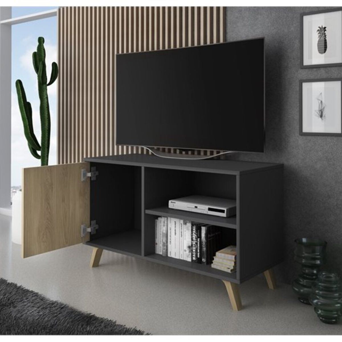 GENERICO - Mesa Para TV 55" Vintage Sara 1 Puerta GrisDuna R&R Muebles