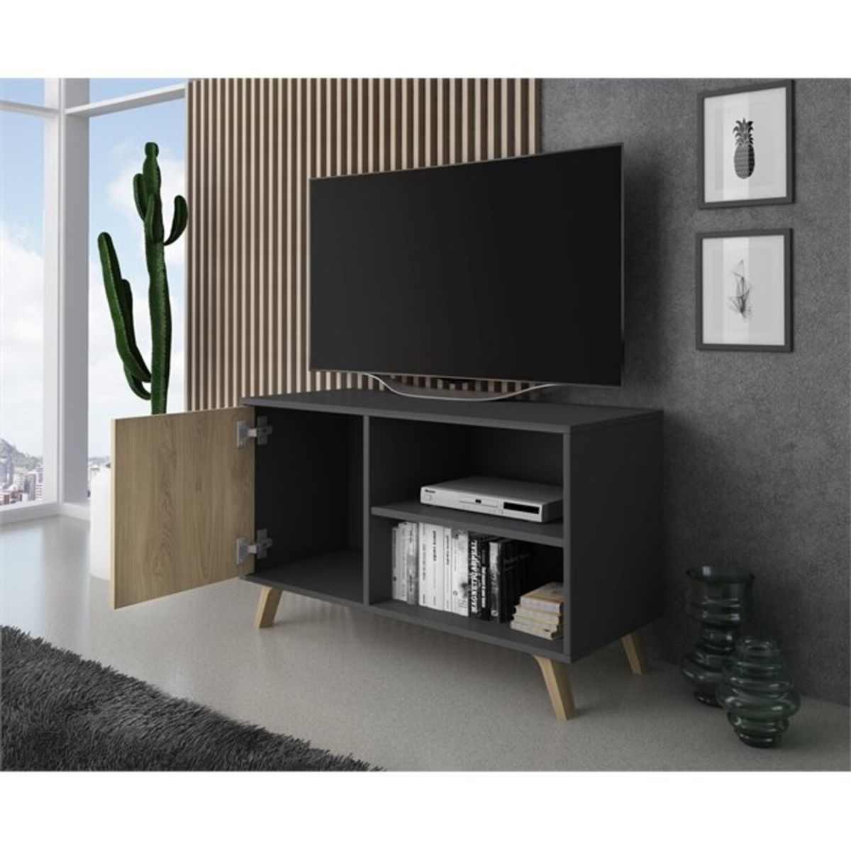 GENERICO - Mesa Para TV 55" Vintage Sara 1 Puerta GrisDuna R&R Muebles