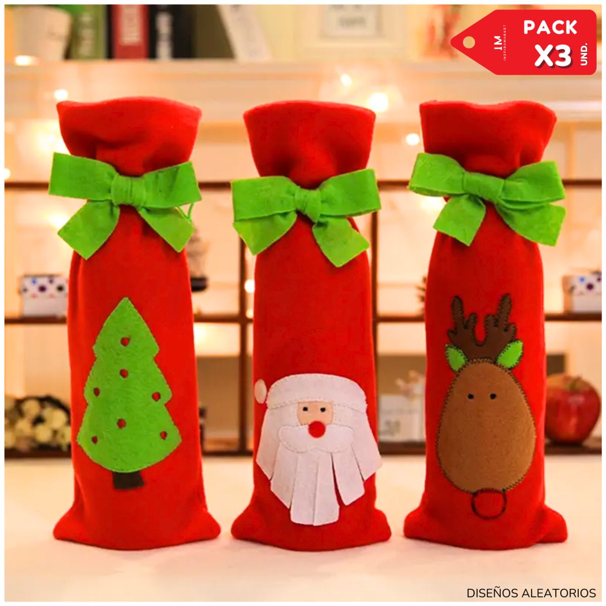 INSPIRA MARKET - Funda para botella de vino navideño Pack x3