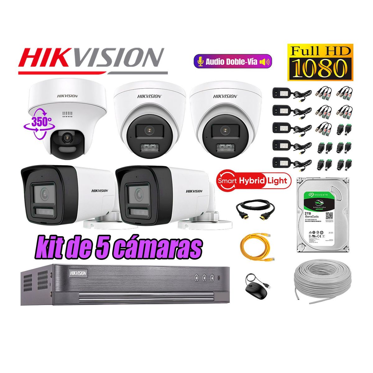 HIKVISION - Kit 5 Cámaras de Seguridad 2MP 1 Domo PTZ Full HD Audio Bidireccional 2TB