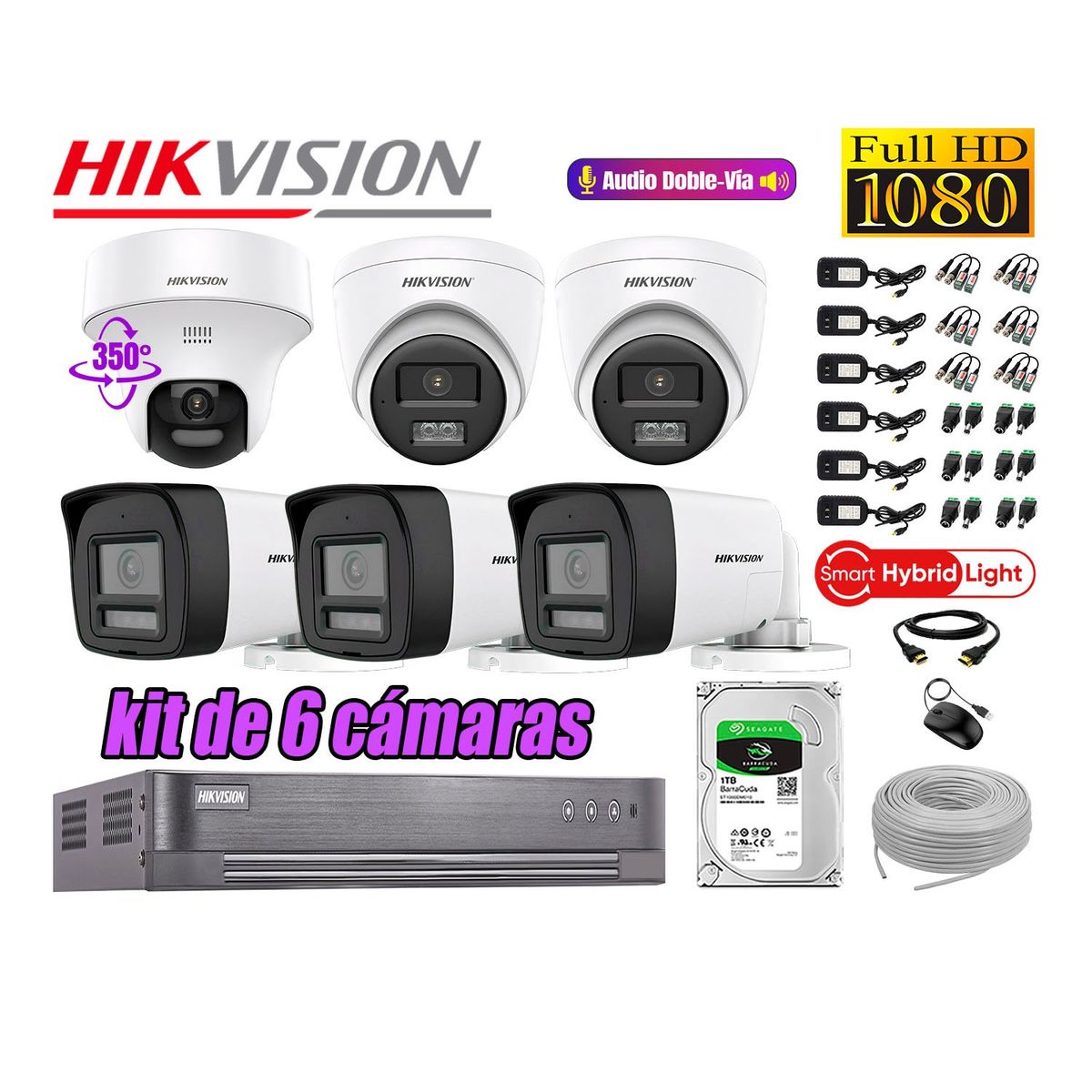 HIKVISION - Kit 6 Cámaras de Seguridad 2MP 1 Domo PTZ Full HD Audio Bidireccional 1TB