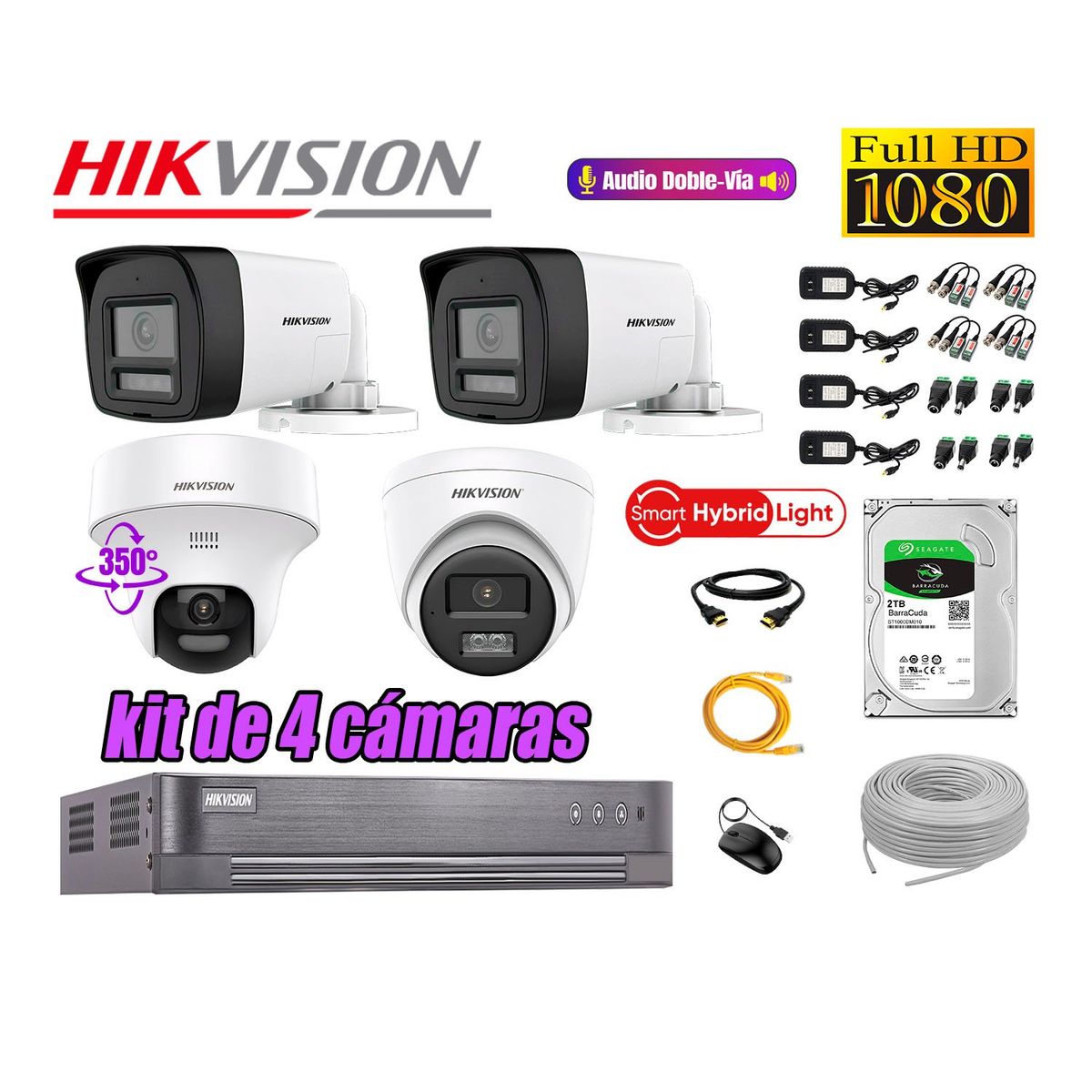 HIKVISION - Kit 4 Cámaras de Seguridad 2MP 1 Domo PTZ Full HD Audio Bidireccional 2TB