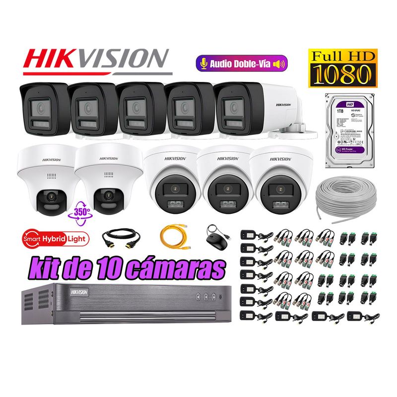 HIKVISION - Kit 10 Cámaras de Seguridad 2MP 2 Domo PTZ Full HD Audio Bidireccional 1TB