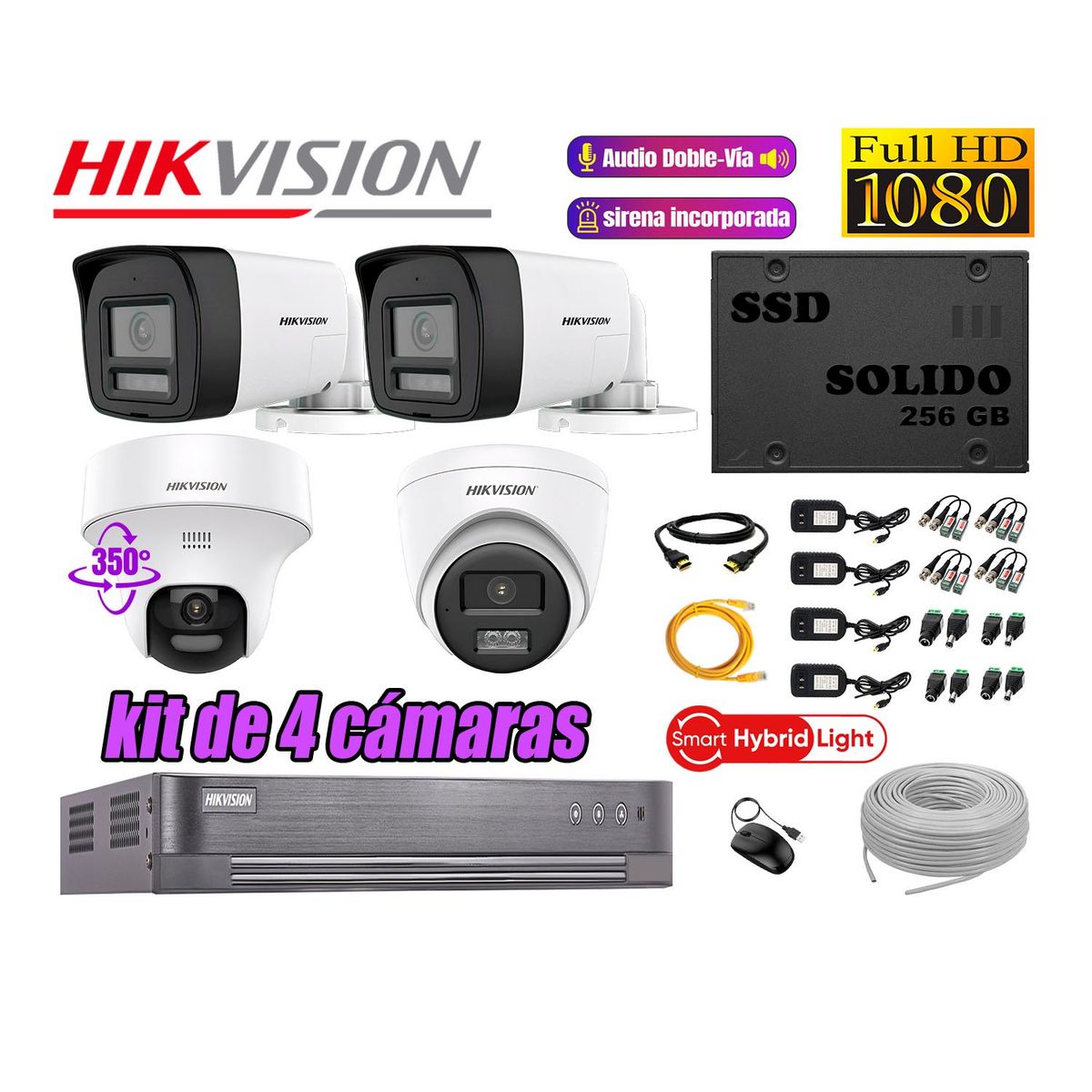 HIKVISION - Kit 4 Cámaras Seguridad 2MP 1 Domo PTZ  Audio Bidireccional Luz Sirena 256GB
