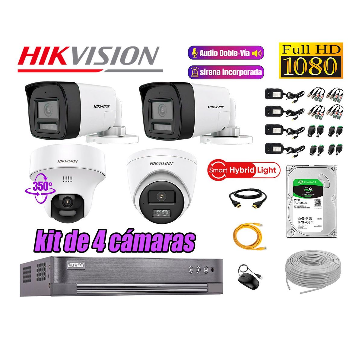 HIKVISION - Kit 4 Cámaras de Seguridad 2MP 1 Domo PTZ  Audio Bidireccional Luz Sirena 2TB