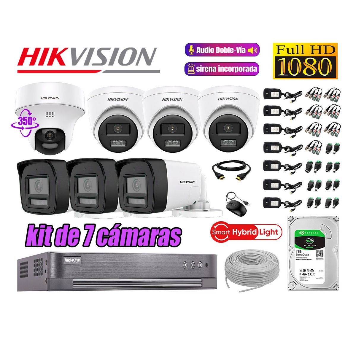 HIKVISION - Kit 7 Cámaras de Seguridad 2MP 1 Domo PTZ  Audio Bidireccional Luz Sirena 1TB