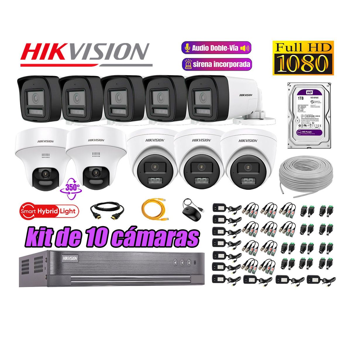 HIKVISION - Kit 10 Cámaras de Seguridad 2MP 2 Domo PTZ  Audio Bidireccional Luz Sirena 1TB