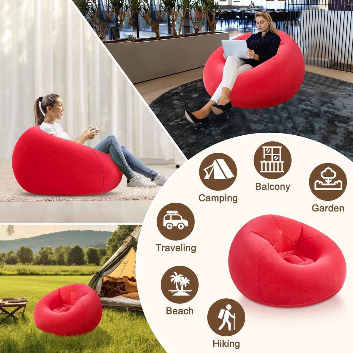 GENERICO - PUFF SILLÓN SOFÁ CAMA INFLABLE TERRAZA ROJO