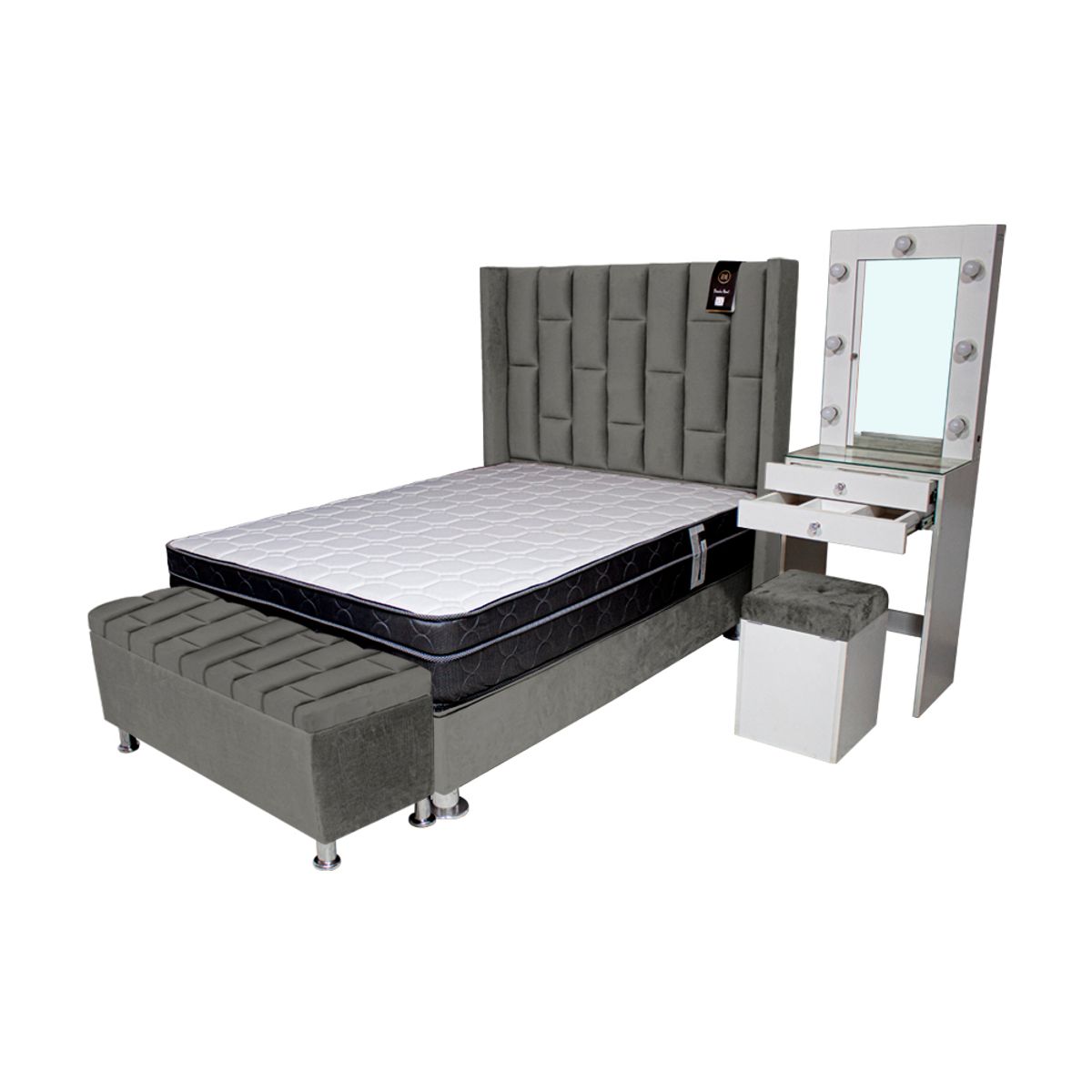 BARAKA HOME - Dormitorio Boreti 1.5 Plz + Cabecera + Tocador + Puff + Baúl - Gris oscuro