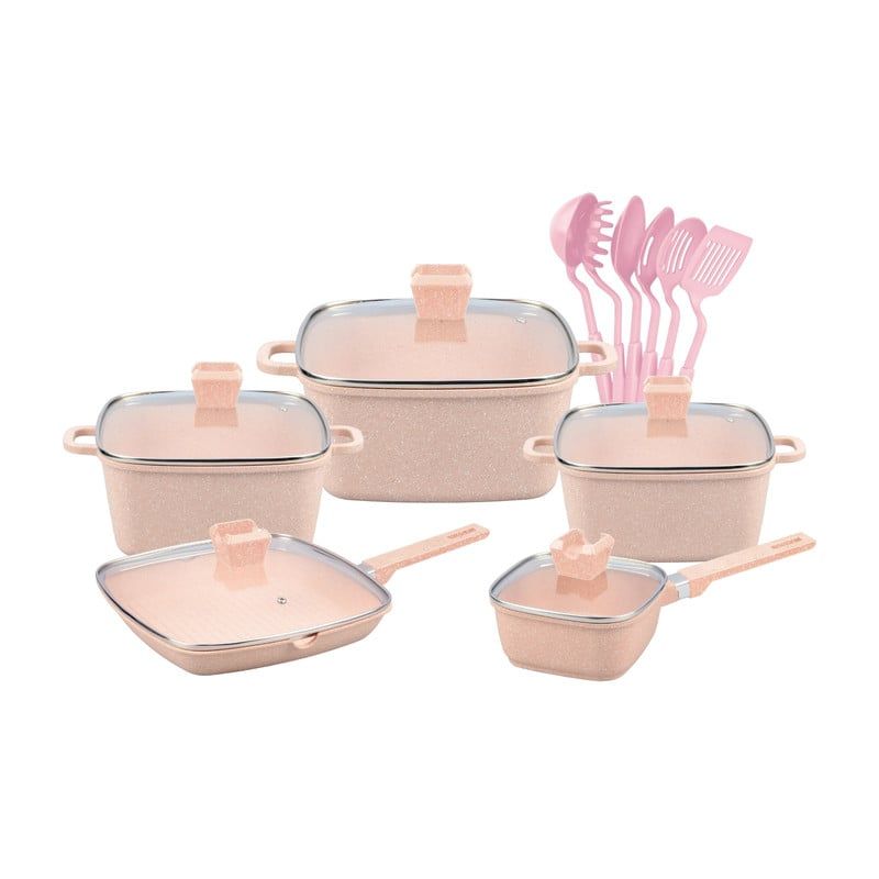 OEM - Juego De Olla de Granito Volcánico 10 Pzas más 6 Utensilios Rosa
