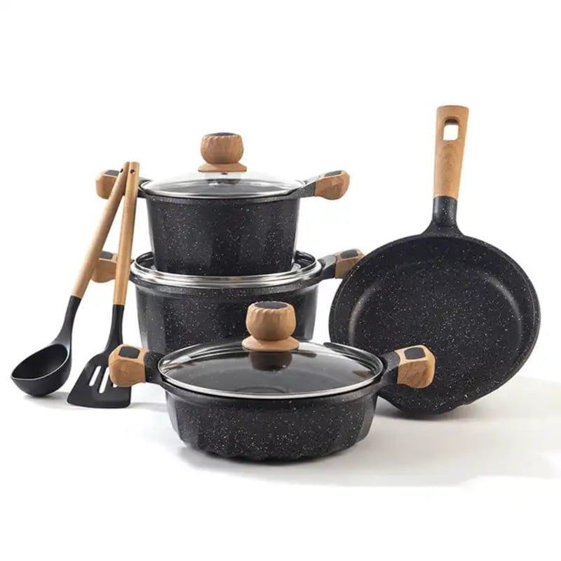 VALESKA - Juego De Olla Roca Volcánica Valeska Super 7 + 2 Utensilios Negro