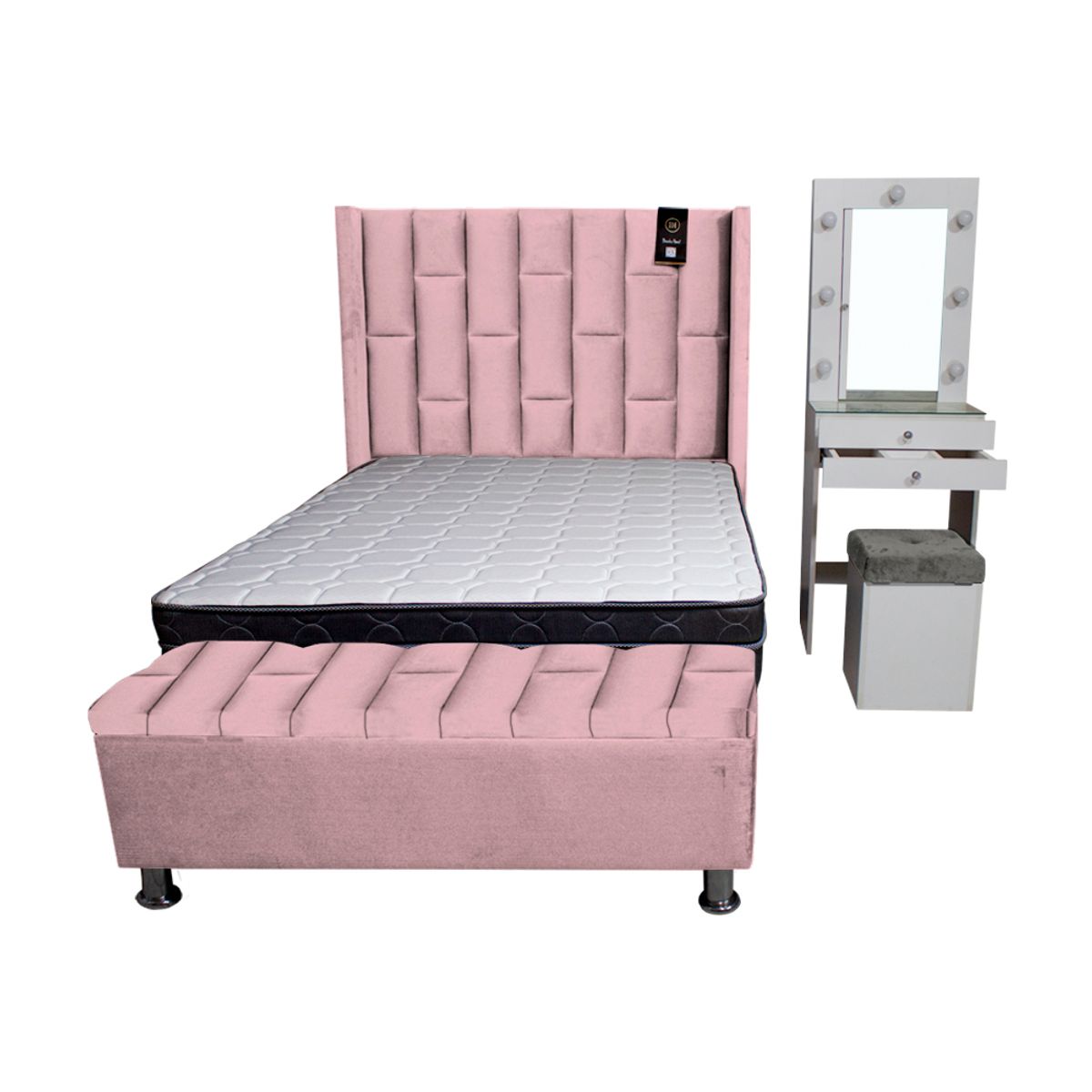 BARAKA HOME - Dormitorio Boreti 1.5 Plz + Cabecera + Tocador + Puff + Baúl - Rosado