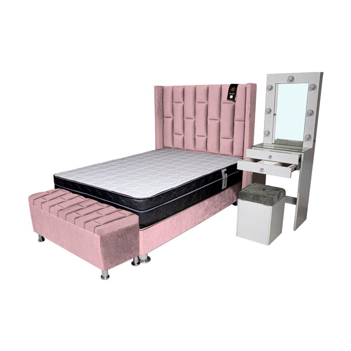 BARAKA HOME - Dormitorio Boreti 1.5 Plz + Cabecera + Tocador + Puff + Baúl - Rosado