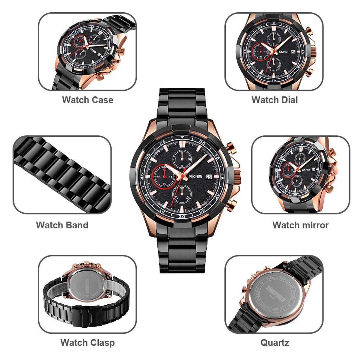 SKMEI - Reloj Skmei 9192 NEGRO BORDES ORO ROSA CORREA ACERO