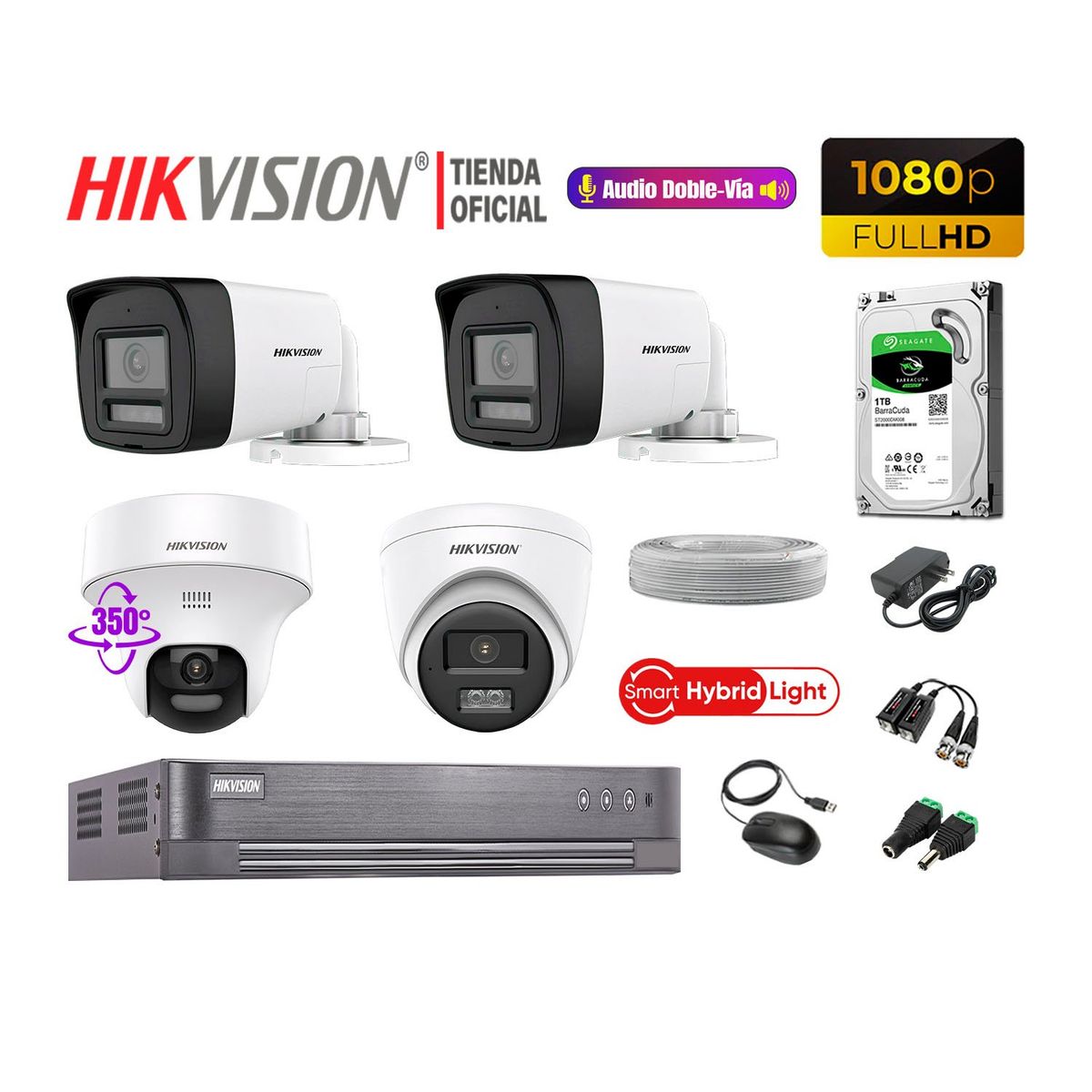 HIKVISION - Camaras Vigilancia Kit 4 Full HD Audio Bidireccional Smart Light 1 Domo PT 1TB