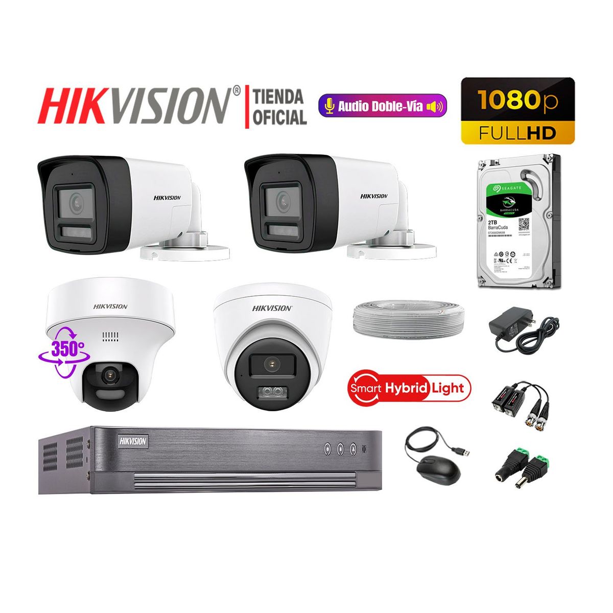 HIKVISION - Camaras Vigilancia Kit 4 Full HD Audio Bidireccional Smart Light 1 Domo PT 2TB