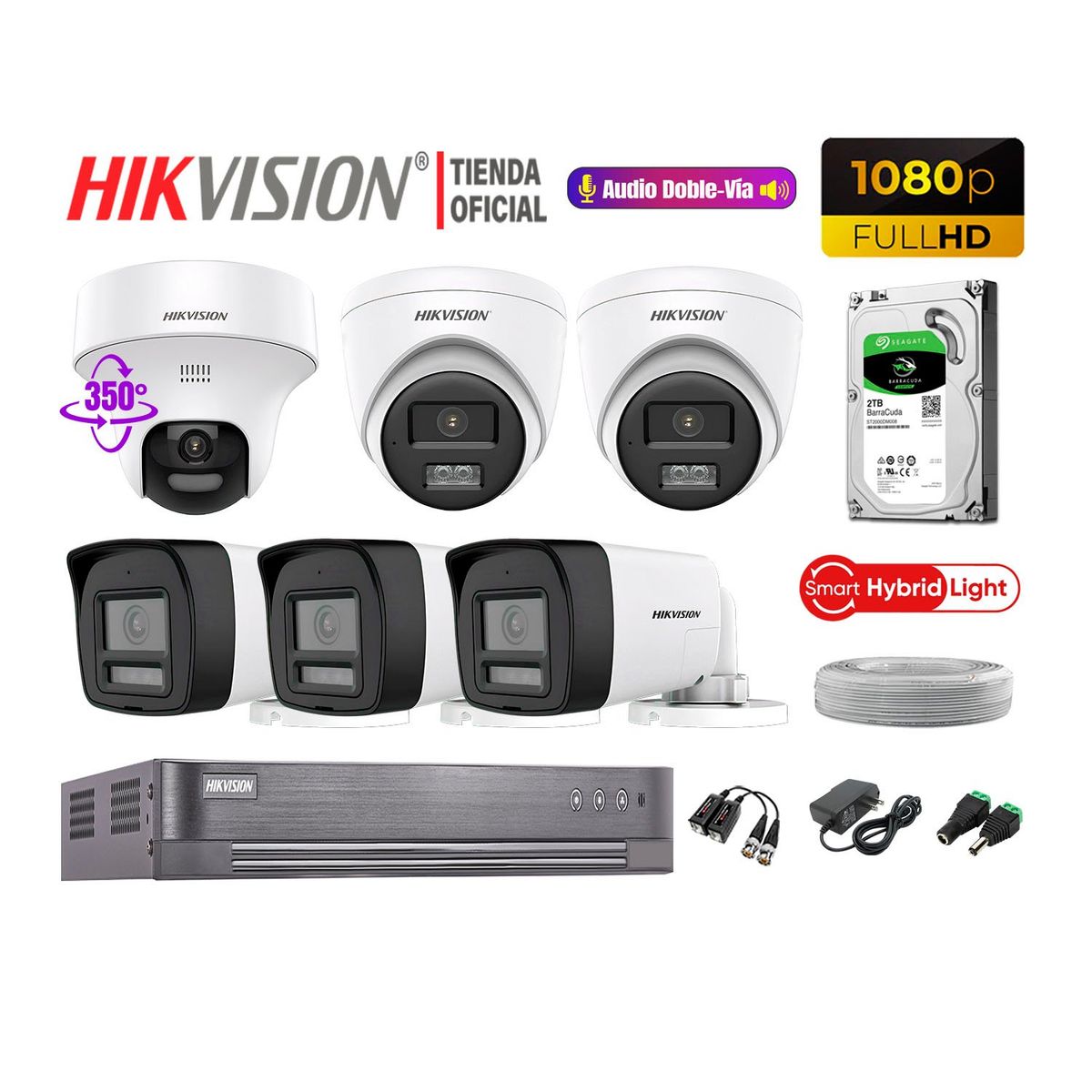 HIKVISION - Camaras Vigilancia Kit 6 Full HD Audio Bidireccional Smart Light 1 Domo PT 2TB