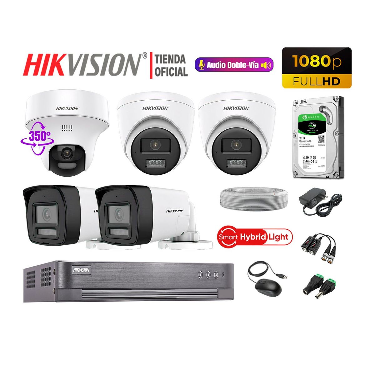 HIKVISION - Camaras Vigilancia Kit 5 Full HD Audio Bidireccional Smart Light 1 Domo PT 2TB