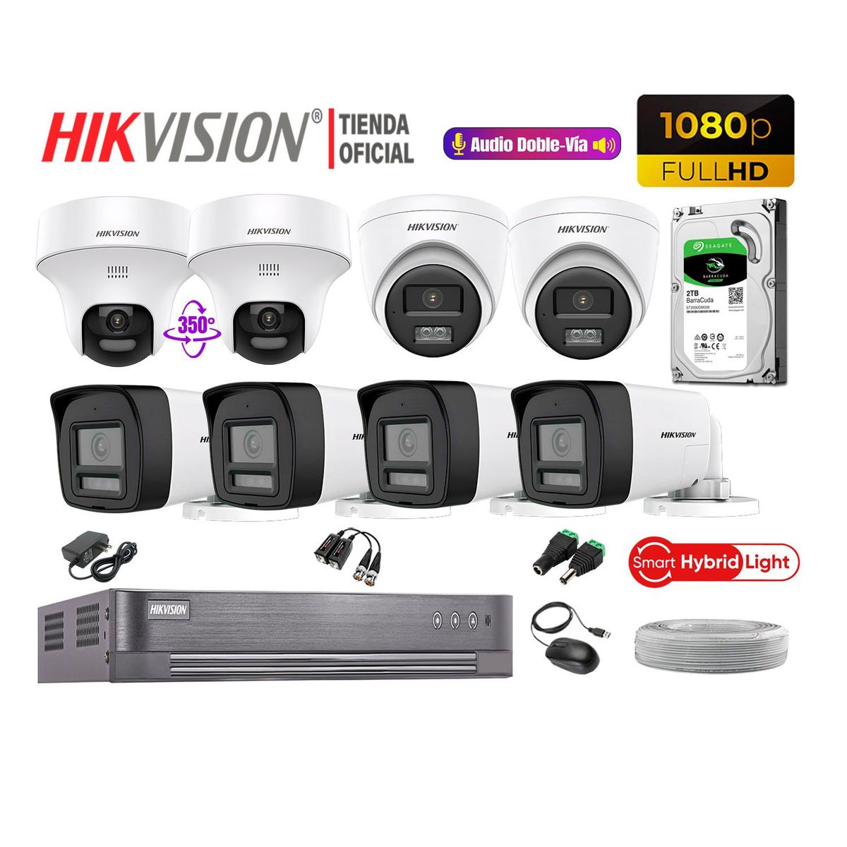 HIKVISION - Camaras Vigilancia Kit 8 Full HD Audio Bidireccional Smart Light 2 Domo PT 2TB