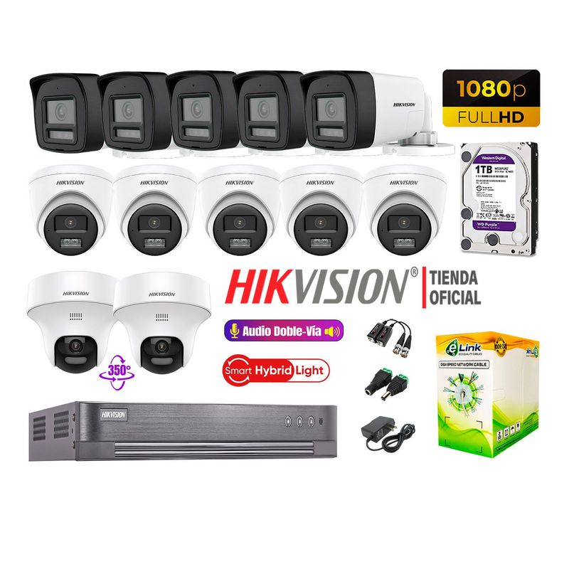 HIKVISION - Camaras Vigilancia Kit 12 Full HD Audio Bidireccional Smart Light 2 Domo PT 1TB