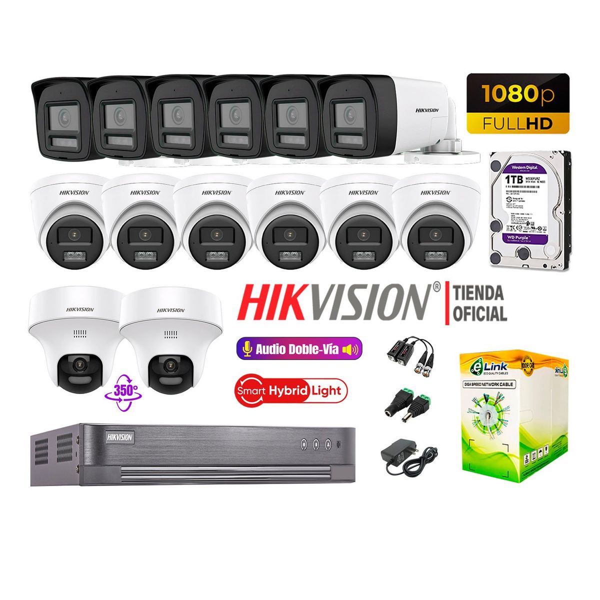 HIKVISION - Camaras Vigilancia Kit 14 Full HD Audio Bidireccional Smart Light 2 Domo PT 1TB