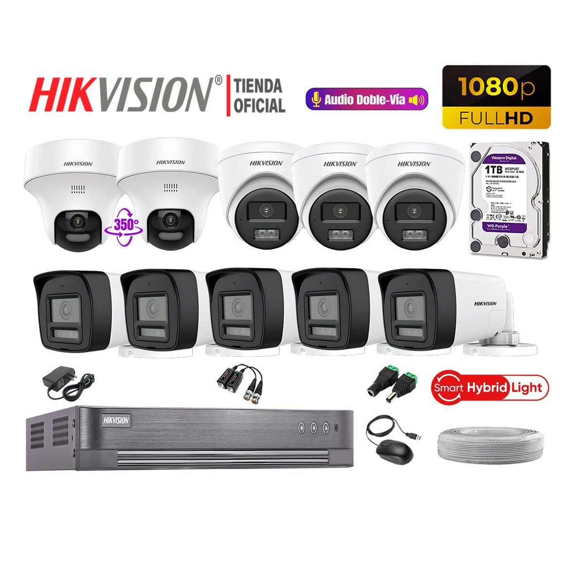 HIKVISION - Camaras Vigilancia Kit 10 Full HD Audio Bidireccional Smart Light 2 Domo PT 1TB