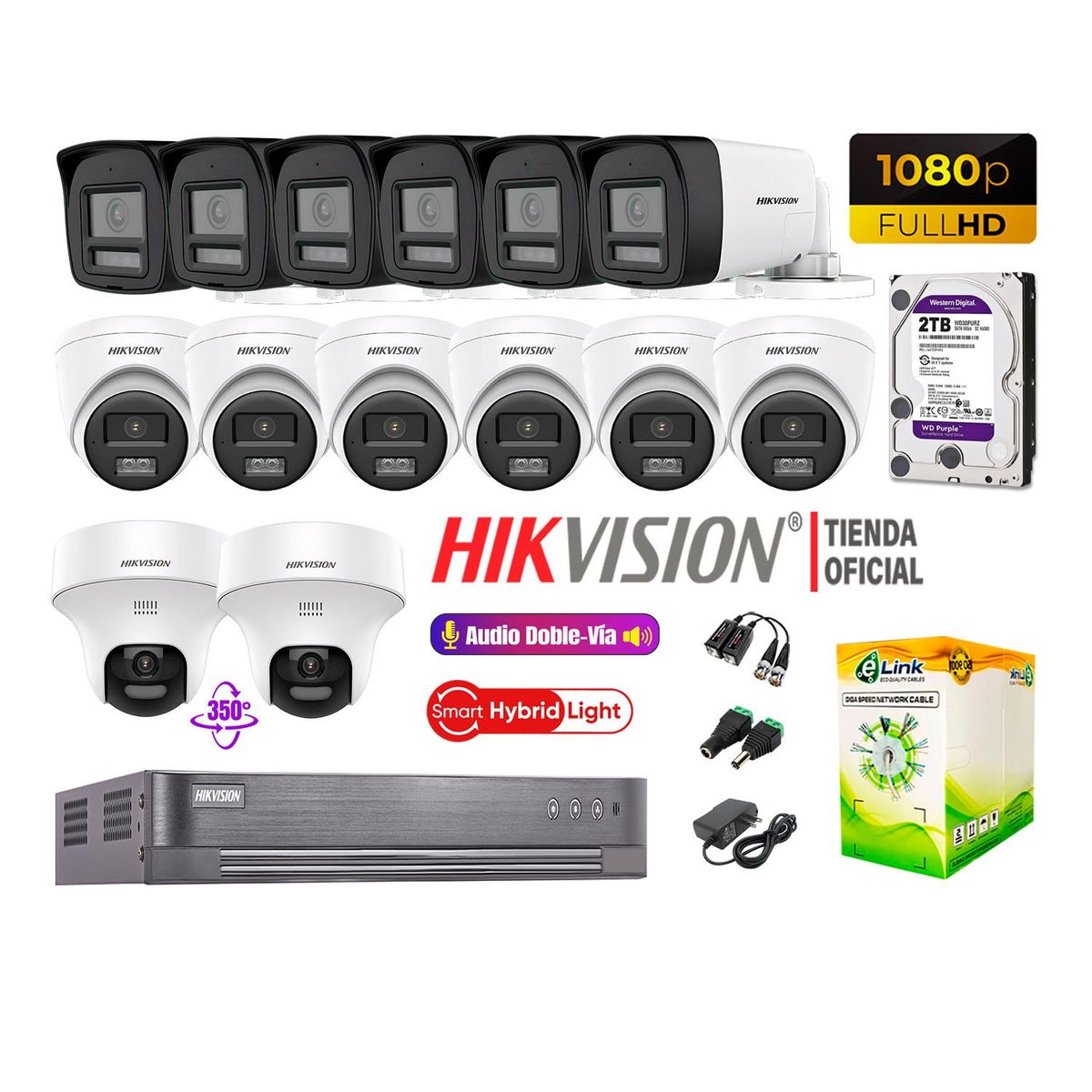 HIKVISION - Camaras Vigilancia Kit 14 Full HD Audio Bidireccional Smart Light 2 Domo PT 2TB