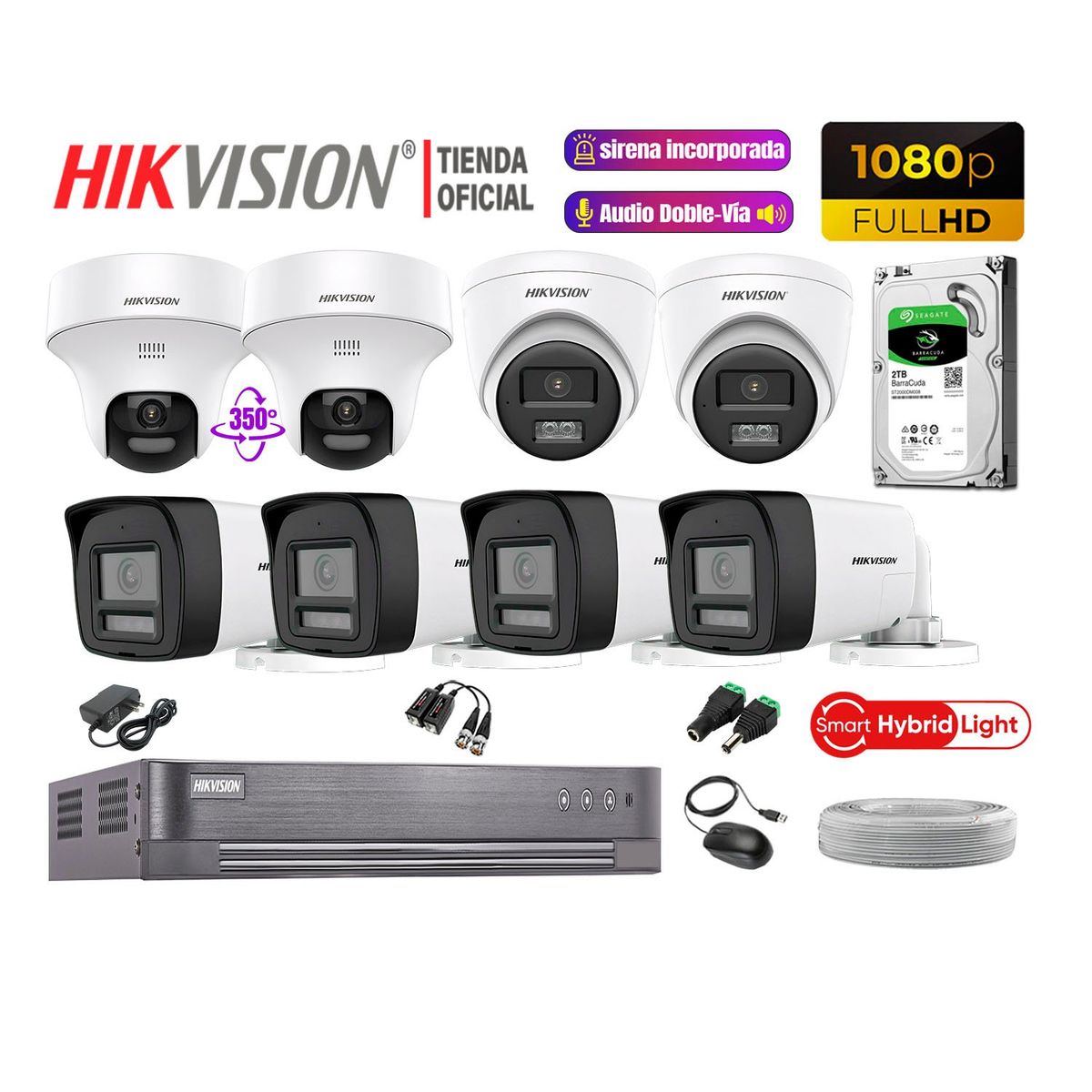 HIKVISION - Camaras Vigilancia Kit 8 Full HD Audio Bidireccional Luz Sirena 2 Cámara PT 2TB